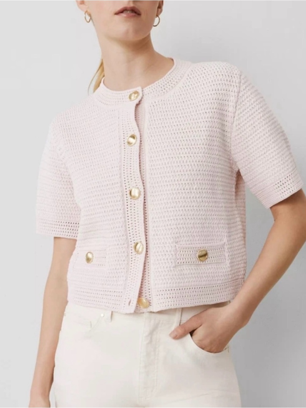 Ann Taylor Cropped Short-Sleeve Knit Cardigan in Soft Pink with Gold Buttons